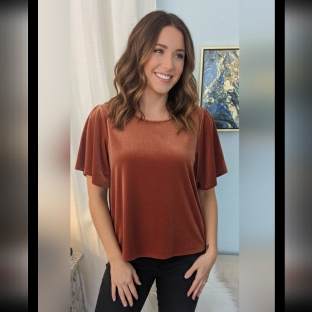 Madewell Flutter Sleeve Velvet Top Woman's Size S  Orange